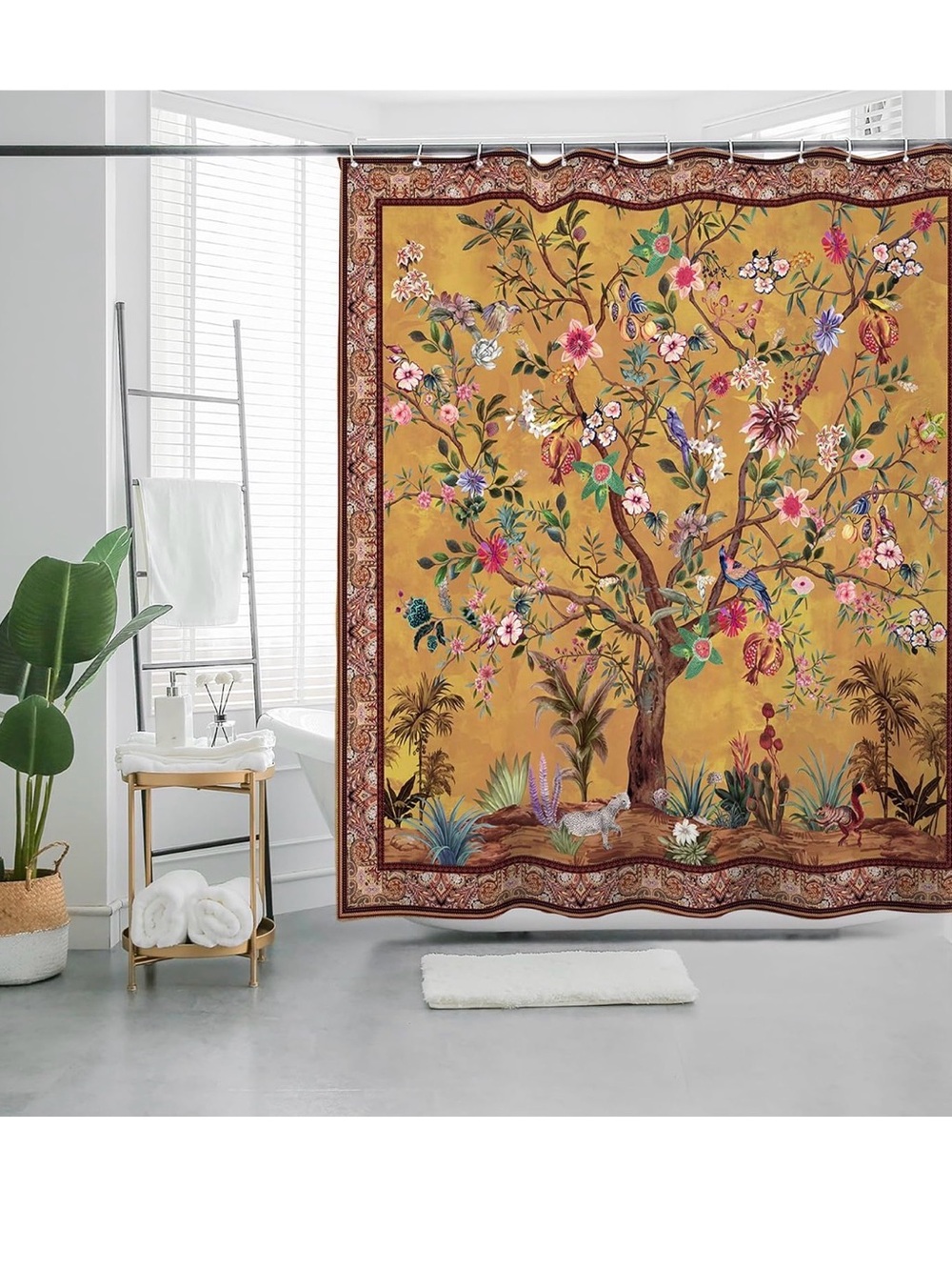 Botanical Tree Print Shower Curtain in Mustard Yellow